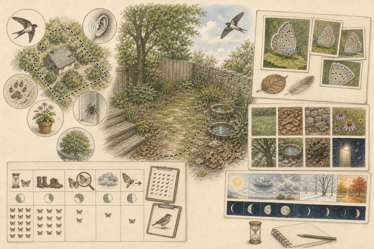 Text-free illustrated field protocol for “Building a backyard species list”; the article points are listed below.