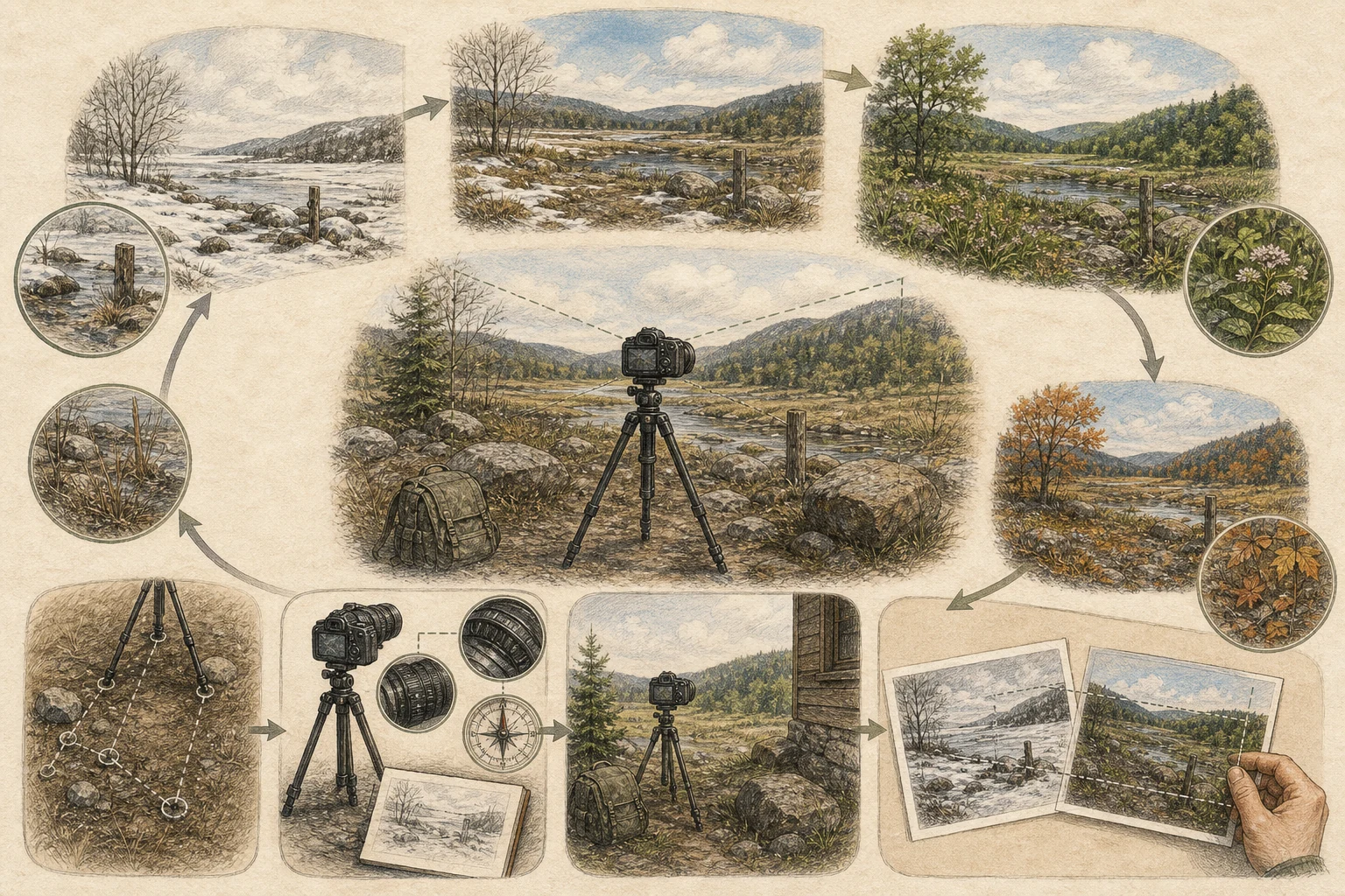 Text-free illustrated seasonal wheel for “Building a seasonal photo station”; the article points are listed below.