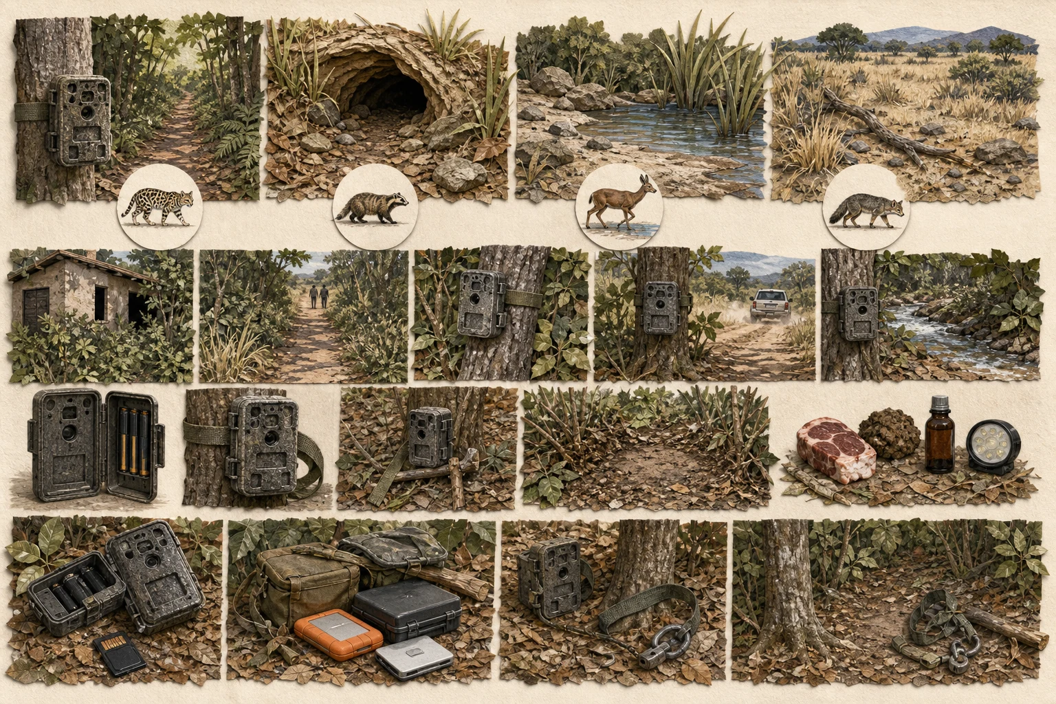 Text-free illustrated field protocol for “Camera trapping responsibly”; the article points are listed below.