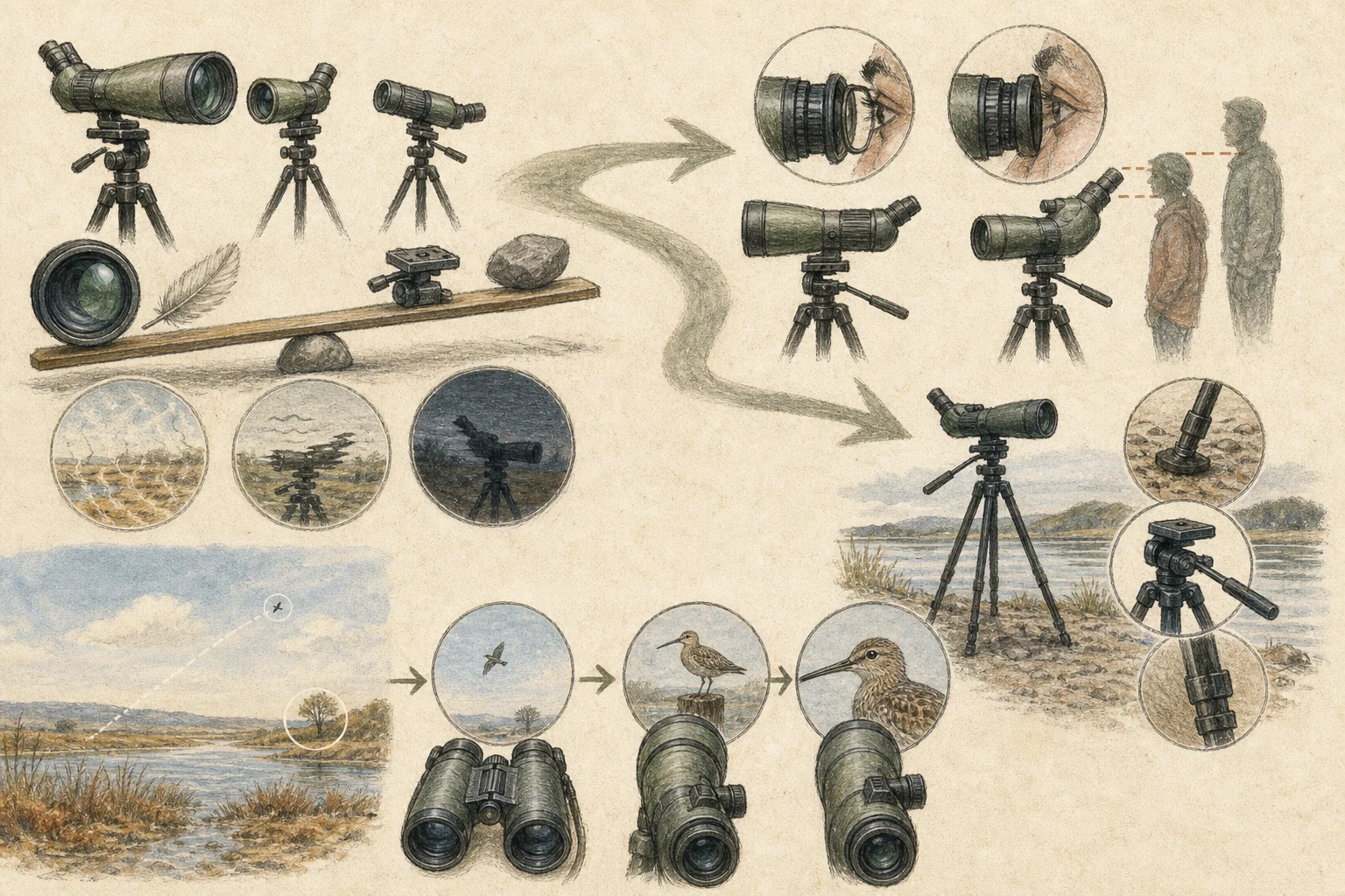 Text-free illustrated field protocol for “Choosing and using a spotting scope”; the article points are listed below.