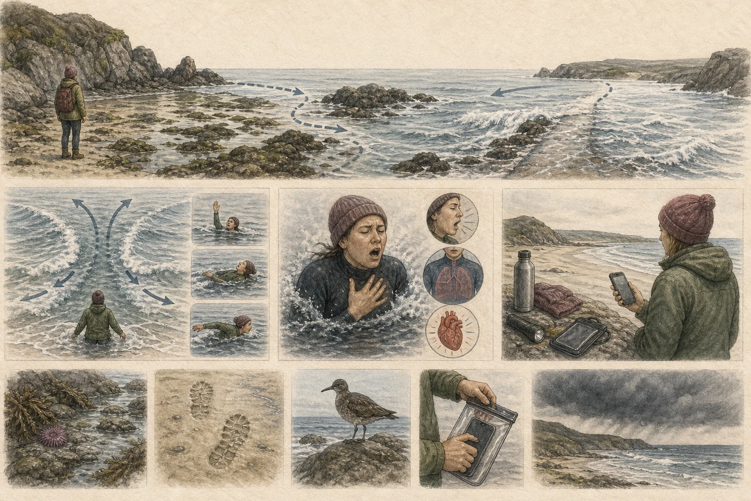 Text-free illustrated decision path for “Coast, tide, and cold water”; the article points are listed below.