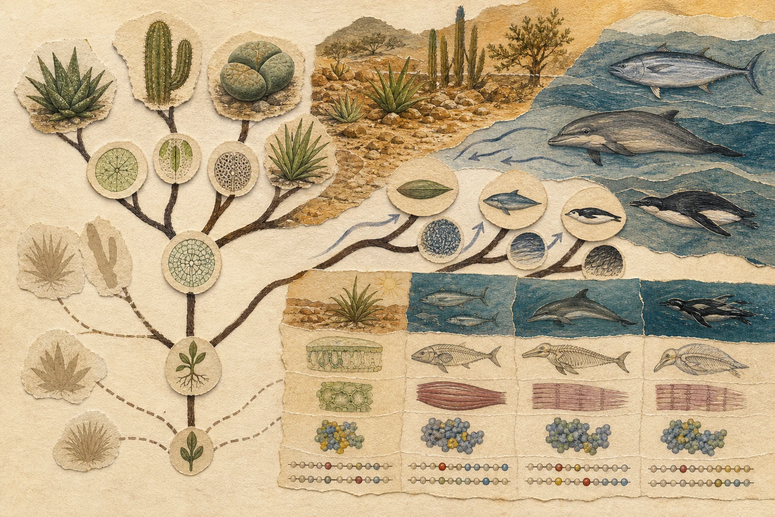 Text-free illustrated cause map for “Convergent evolution explained”; the article points are listed below.