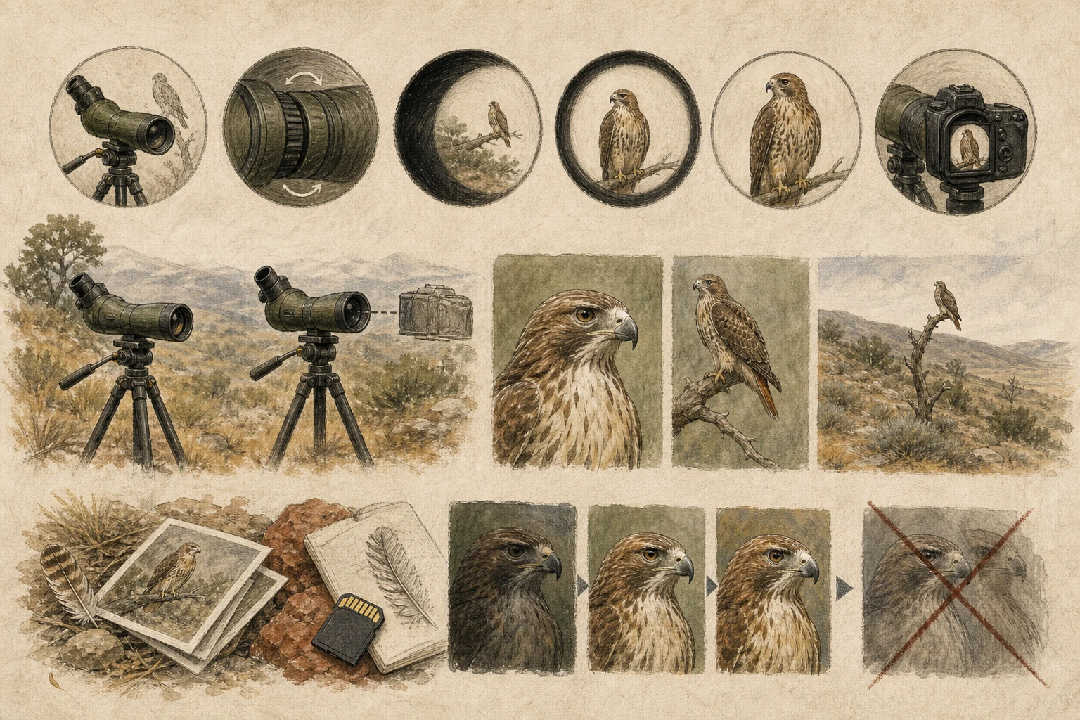 Text-free illustrated field protocol for “Digiscoping for identification”; the article points are listed below.