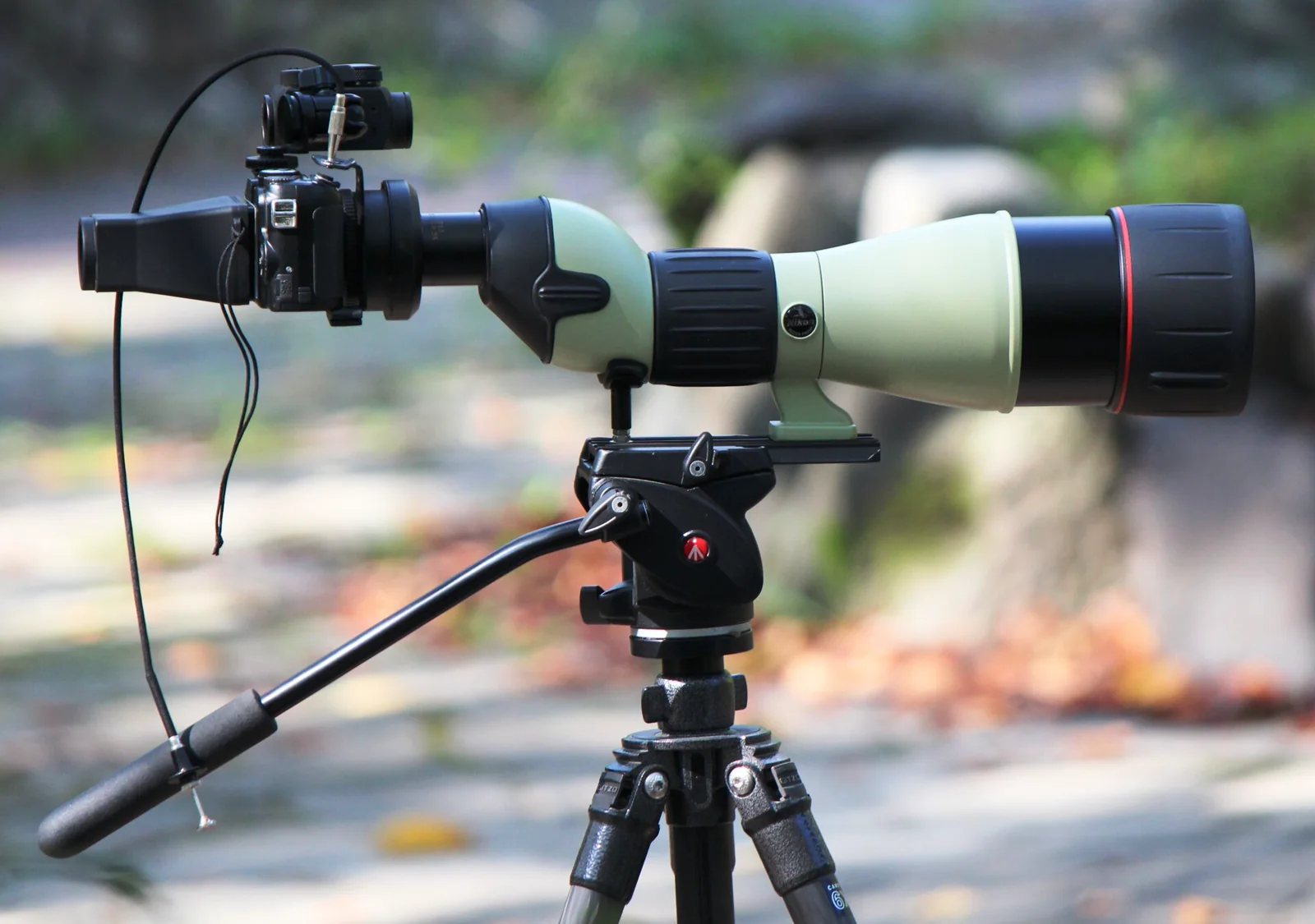 A compact digital camera mounted behind the eyepiece of a spotting scope on a tripod.