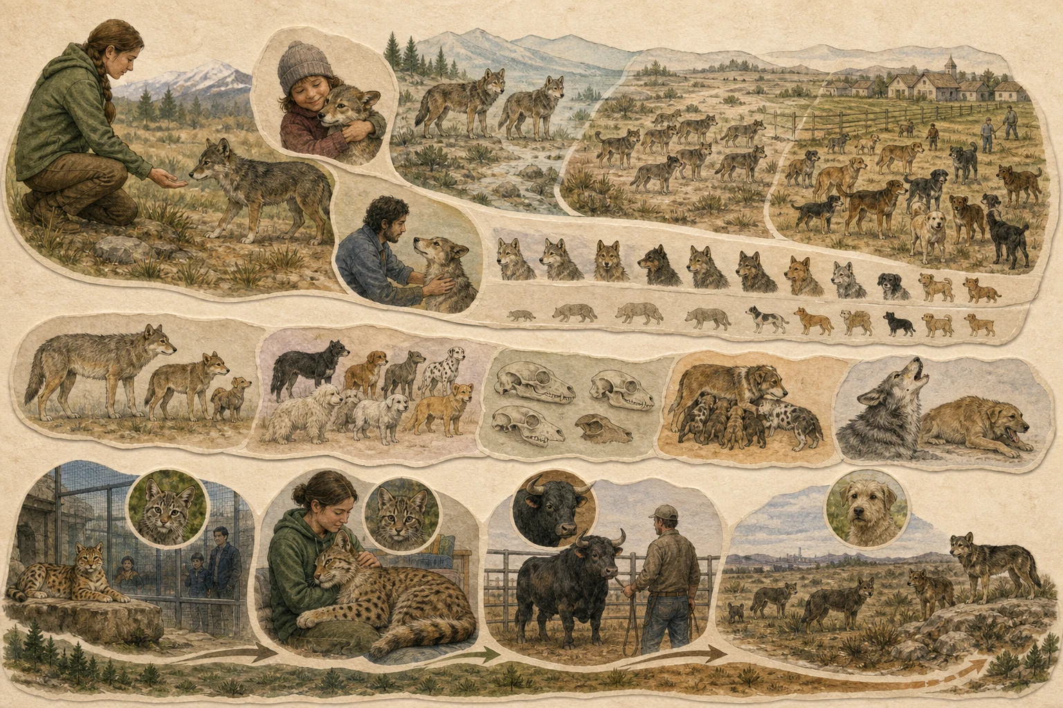 Text-free illustrated cause map for “Domestication vs. taming”; the article points are listed below.