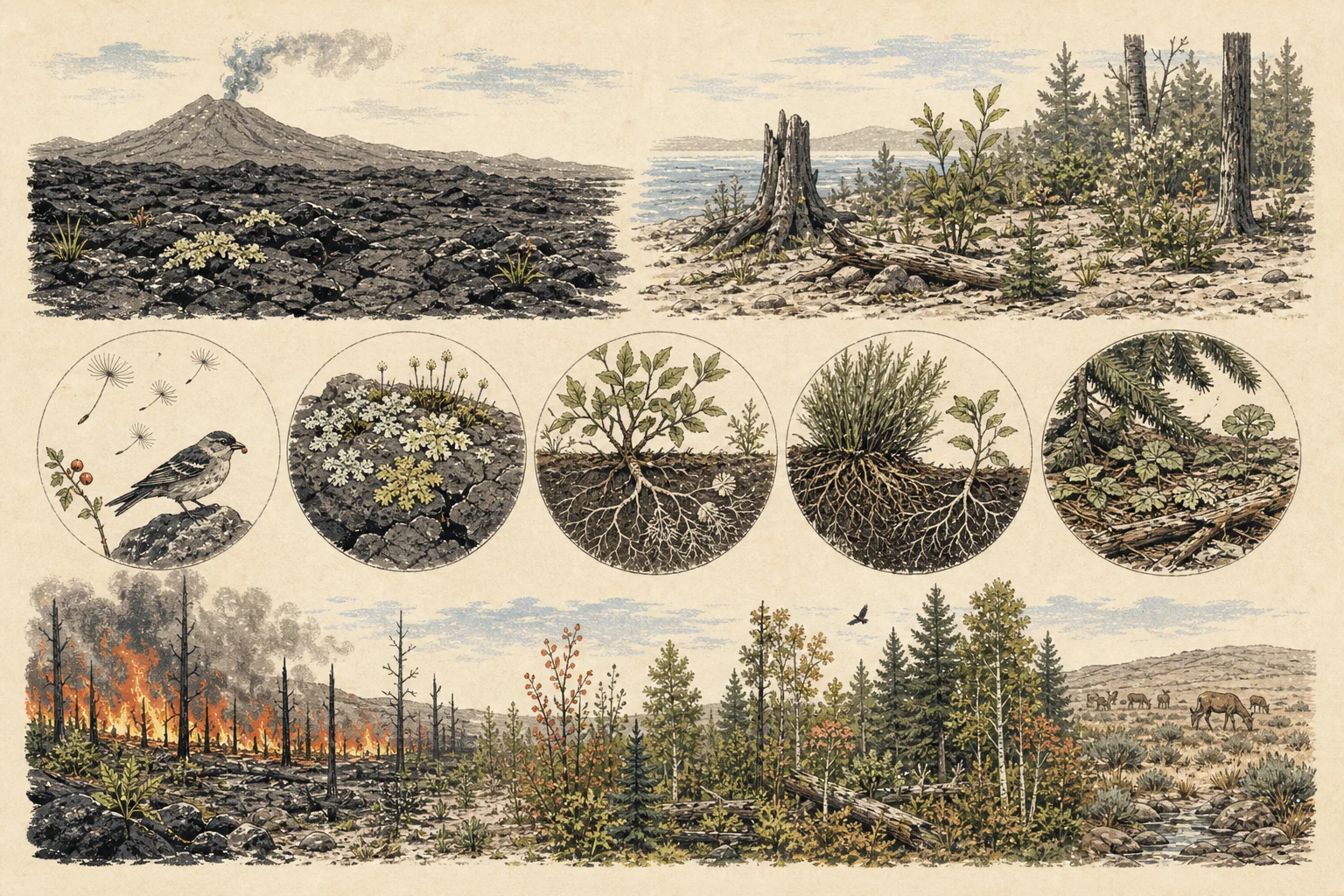 Text-free illustrated concept map for “Ecological succession explained”; the article points are listed below.
