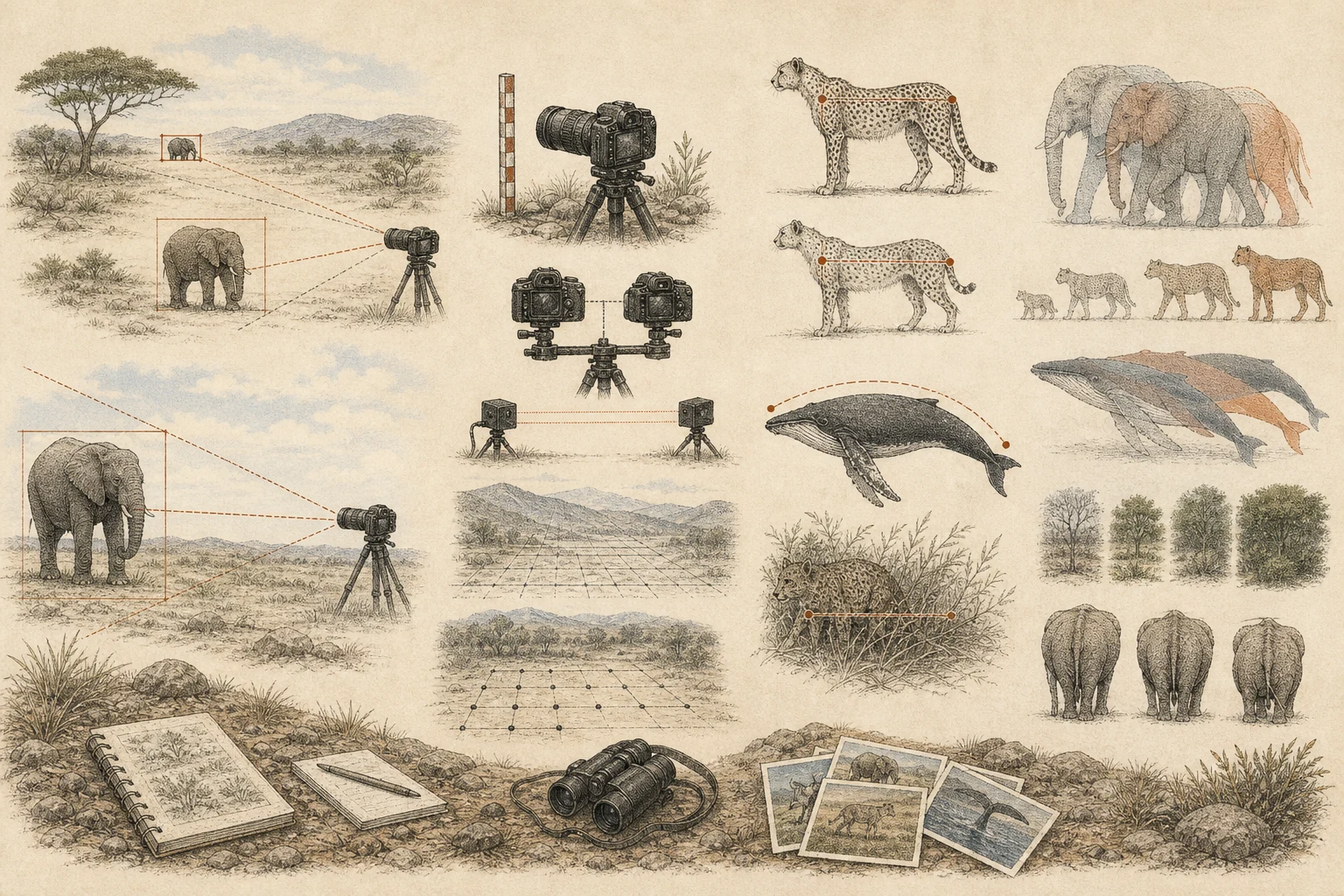 Text-free illustrated field protocol for “Estimating animal size from a distance”; the article points are listed below.