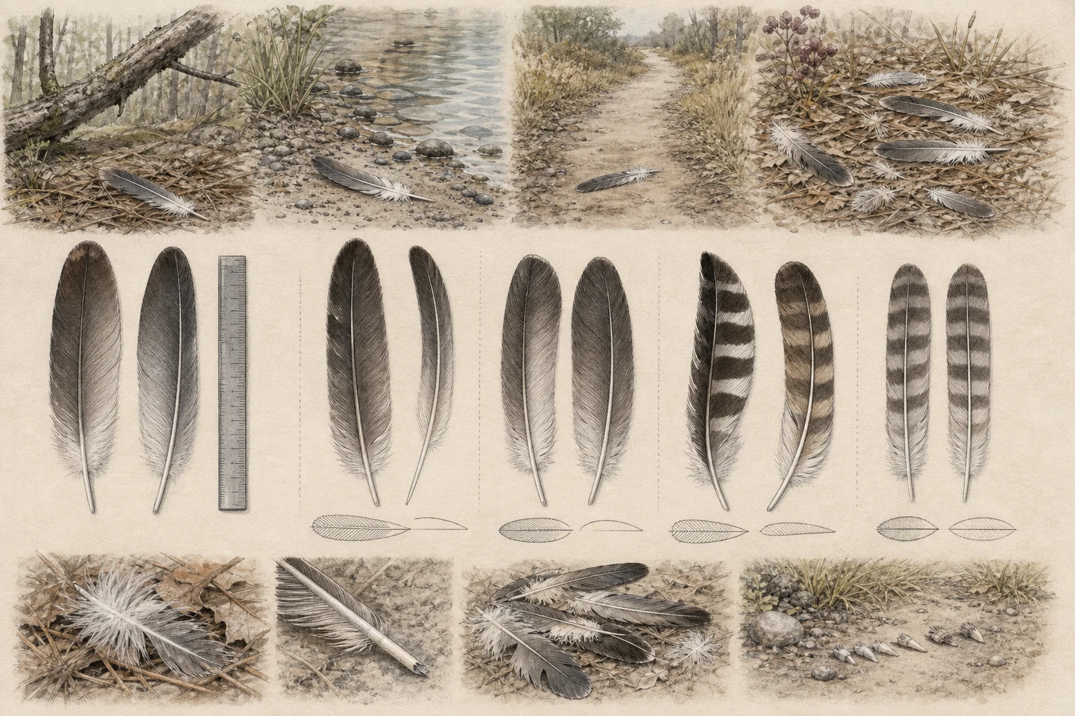 Text-free illustrated evidence board for “Feathers as field sign”; the article points are listed below.