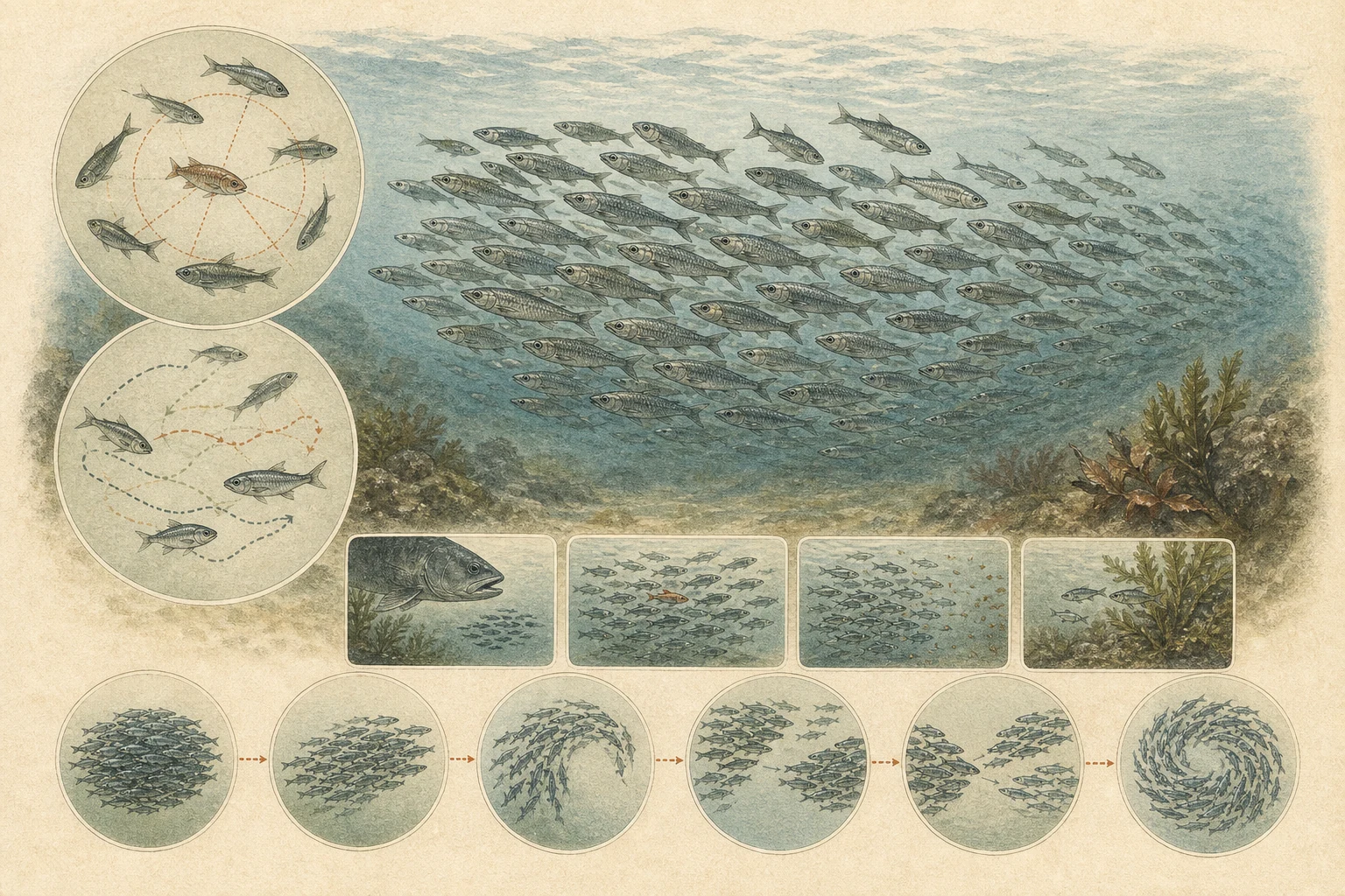 Text-free illustrated concept map for “Fish schooling vs. shoaling”; the article points are listed below.