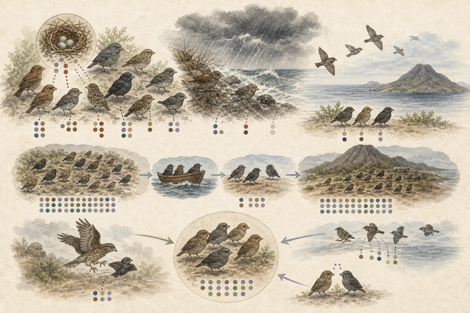 Text-free illustrated cause map for “Genetic drift and founder effects”; the article points are listed below.