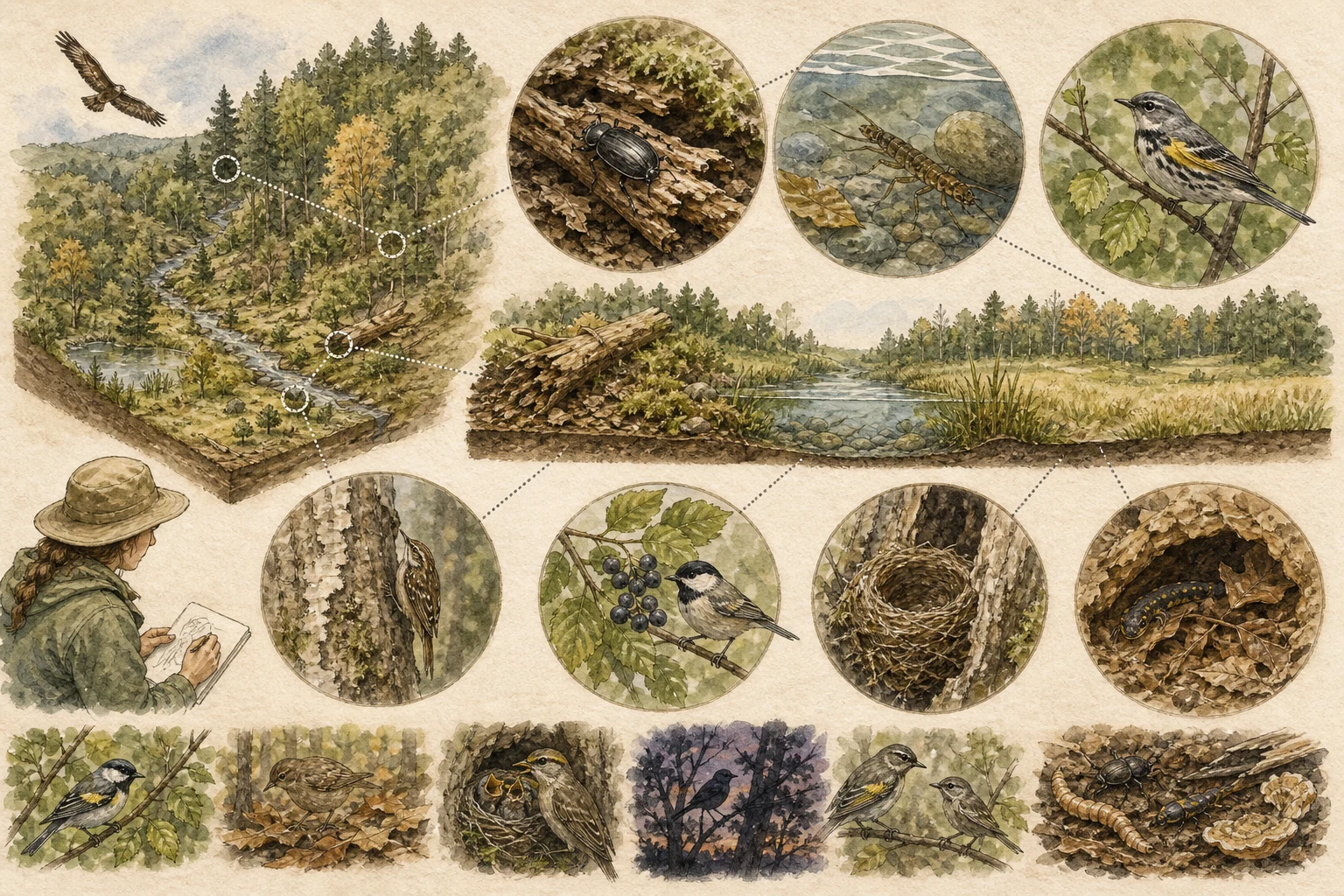 Text-free illustrated habitat transect for “Habitat vs. ecological niche”; the article points are listed below.