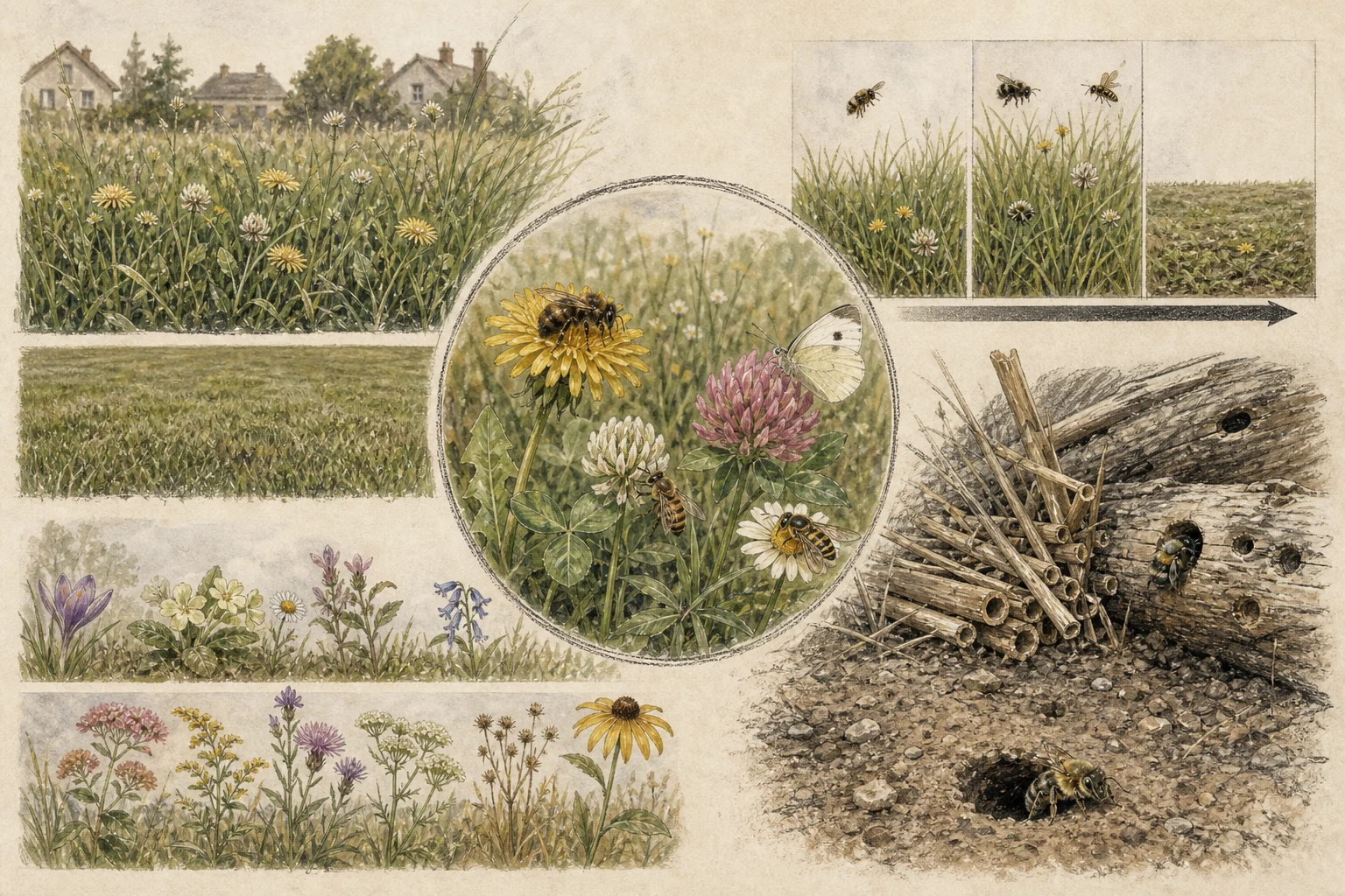 Text-free illustrated concept map for “Helping pollinators and No Mow May”; the article points are listed below.