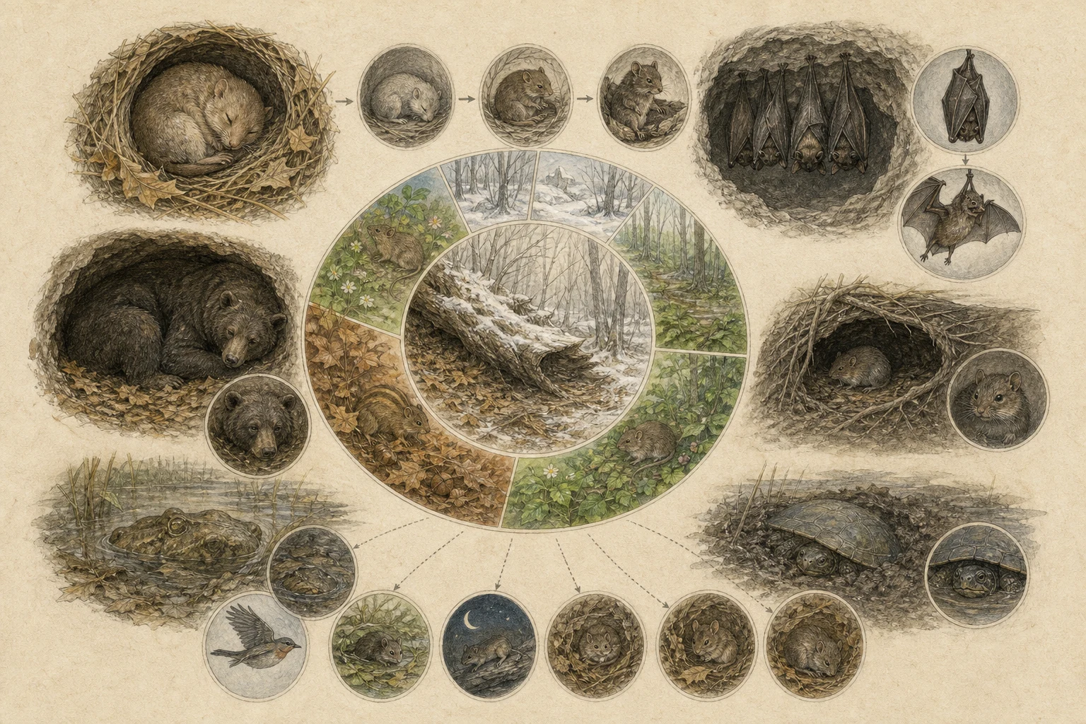 Text-free illustrated seasonal wheel for “Hibernation, torpor, and dormancy”; the article points are listed below.
