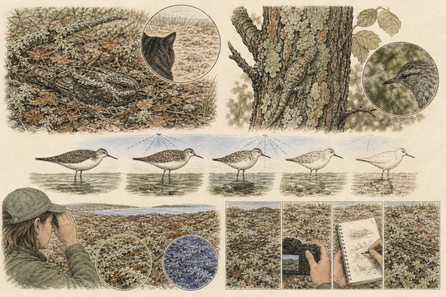 Text-free illustrated concept map for “How animal camouflage works”; the article points are listed below.