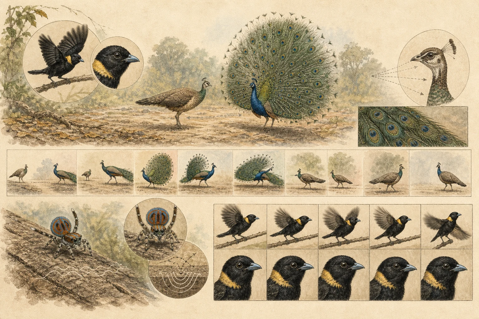 Text-free illustrated concept map for “How animal courtship displays work”; the article points are listed below.