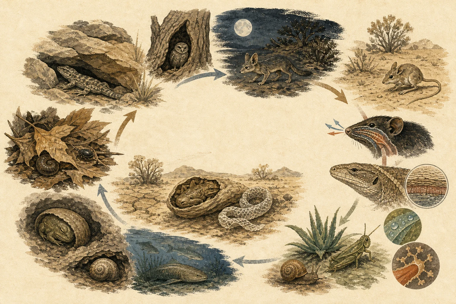 Text-free illustrated seasonal wheel for “How animals survive drought”; the article points are listed below.