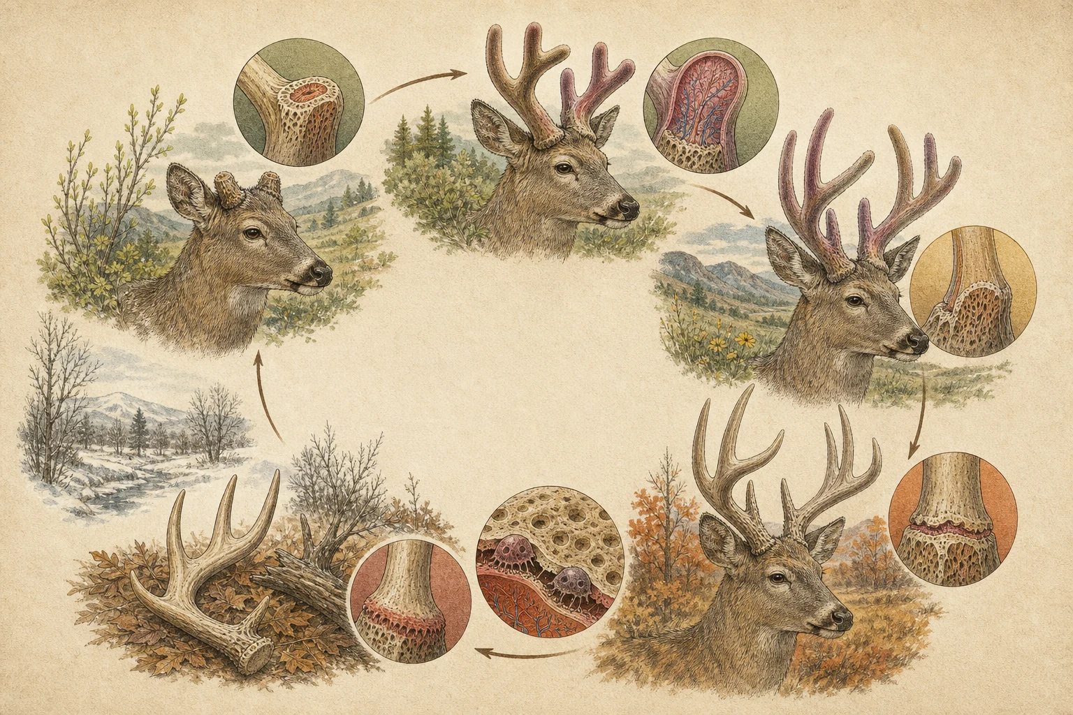 Text-free illustrated seasonal wheel for “How antlers grow and shed”; the article points are listed below.
