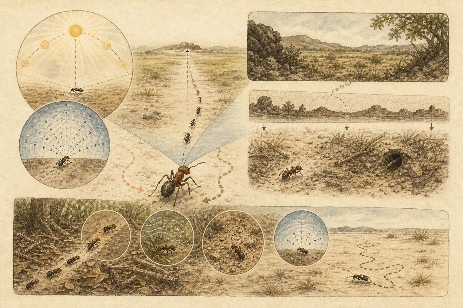Text-free illustrated concept map for “How ants navigate”; the article points are listed below.