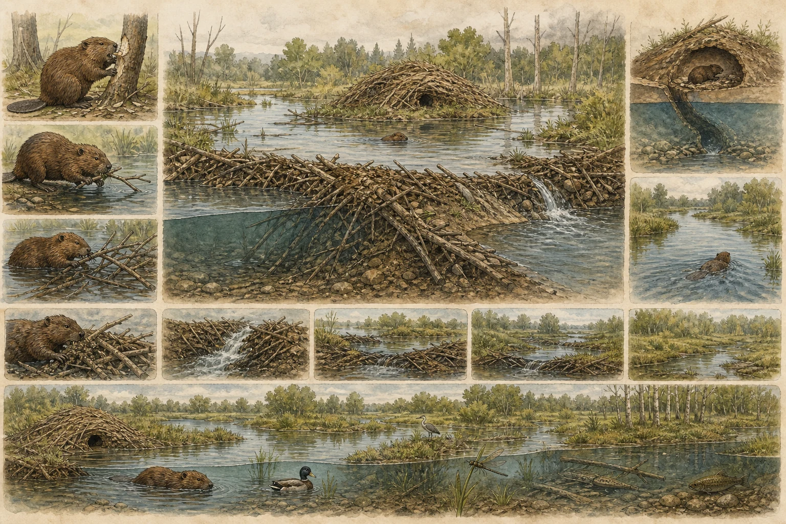 Ink-and-gouache cutaway showing branches placed and interwoven across a stream, gaps packed, and a permeable beaver dam slowing the flow.