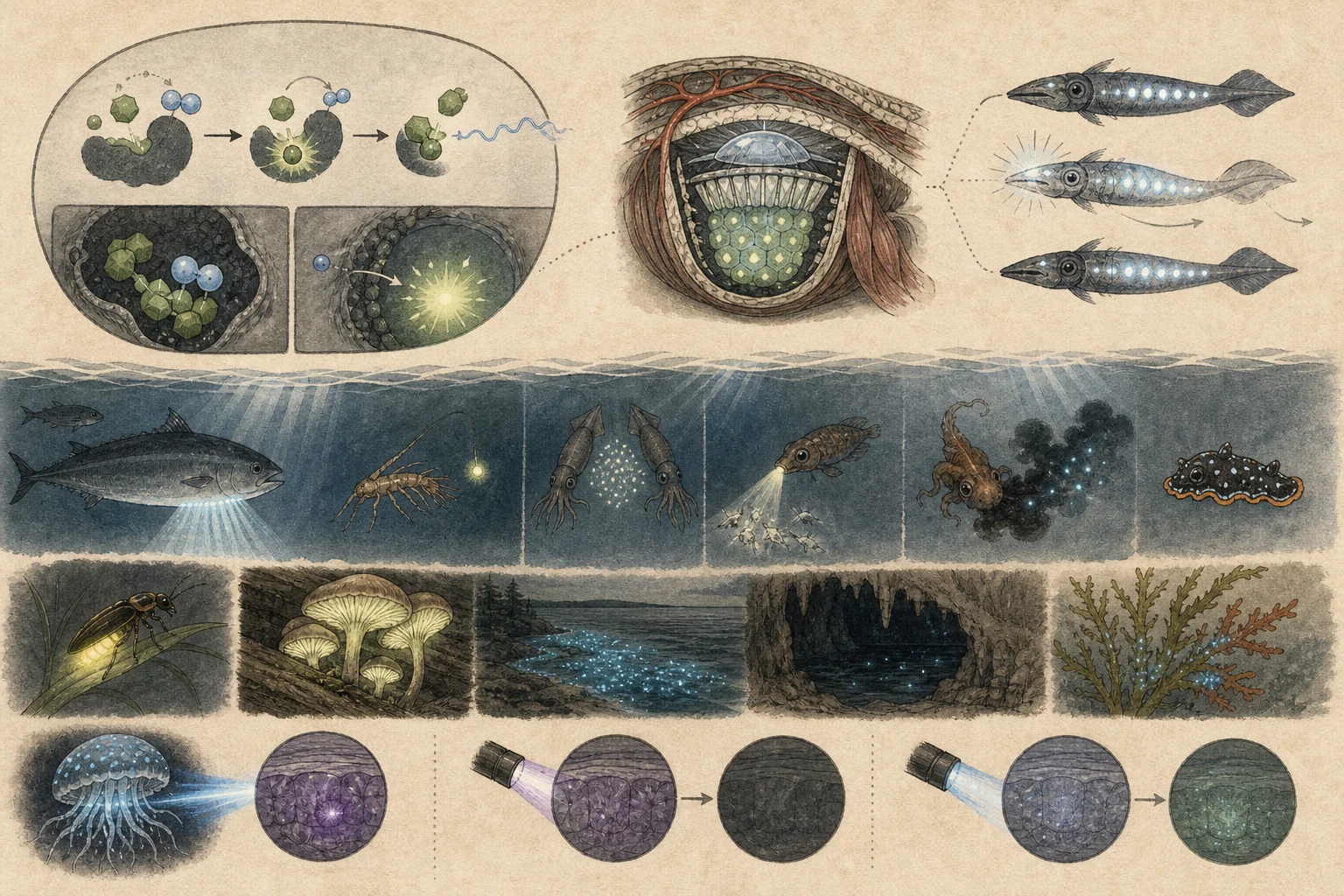 Text-free illustrated signal score for “How bioluminescence works”; the article points are listed below.