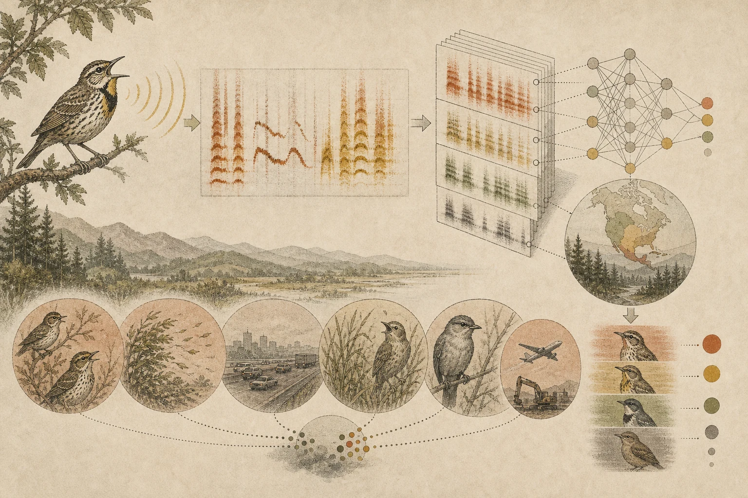 Text-free illustrated signal score for “How bird-song ID apps work”; the article points are listed below.