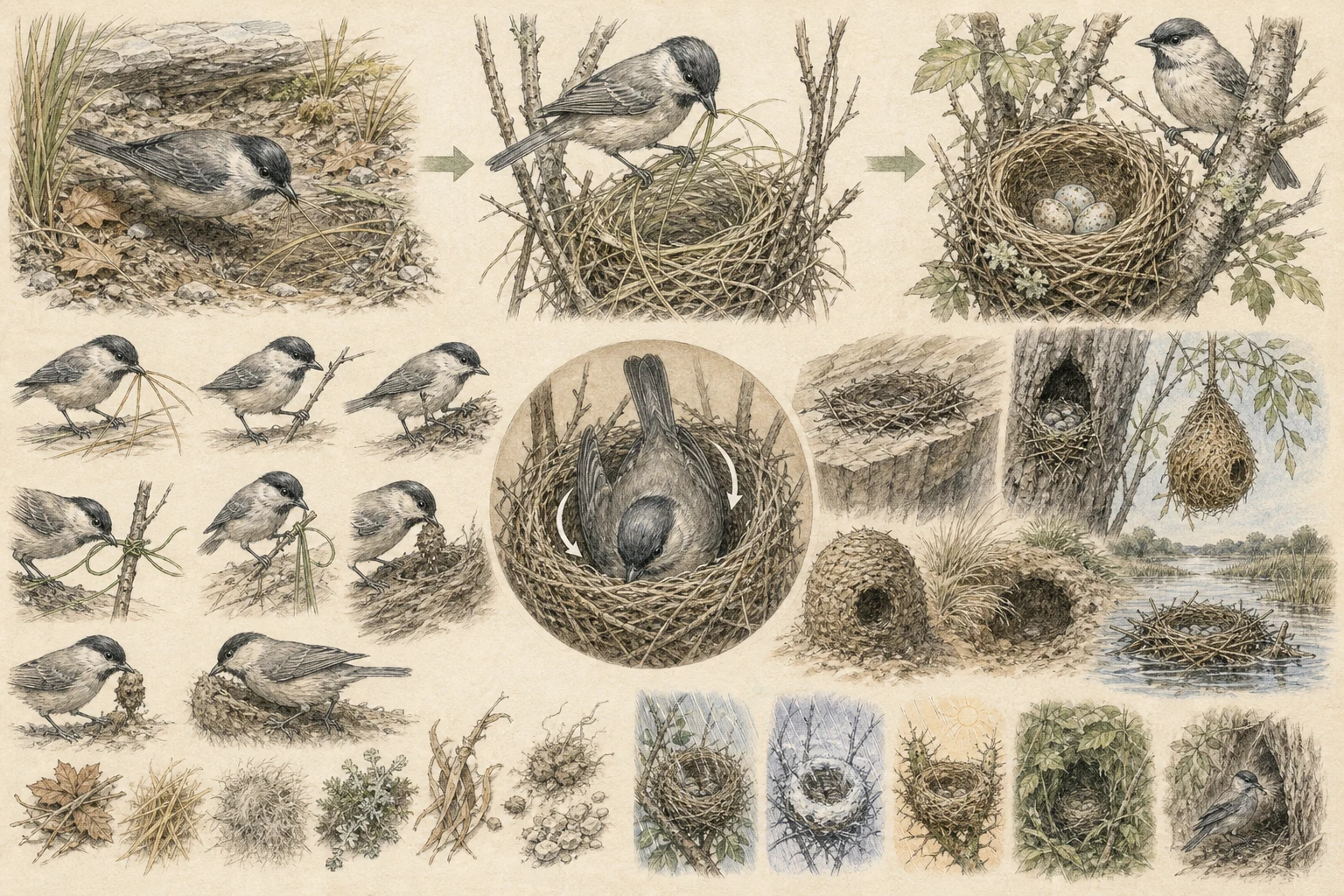 Text-free illustrated mechanism panels for “How birds build nests”; the article points are listed below.