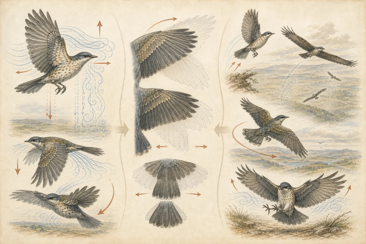 Text-free illustrated concept map for “How birds fly”; the article points are listed below.