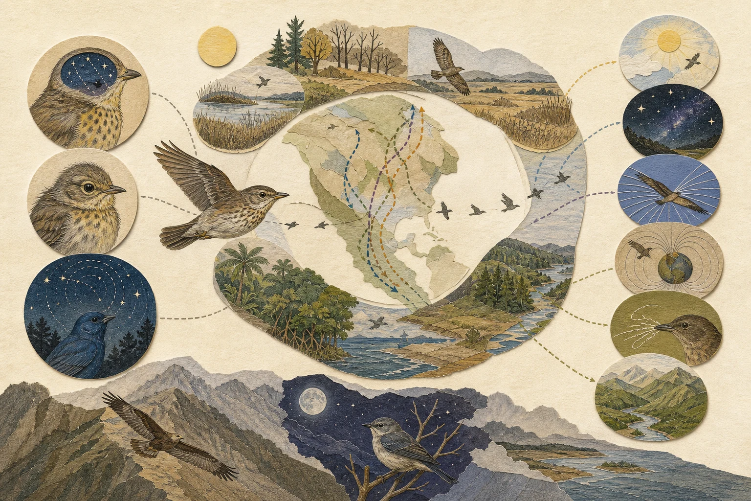 Text-free illustrated seasonal wheel for “How birds navigate during migration”; the article points are listed below.