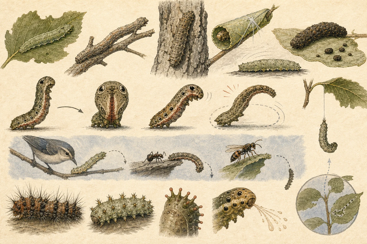 Text-free illustrated mechanism panels for “How caterpillars defend themselves”; the article points are listed below.