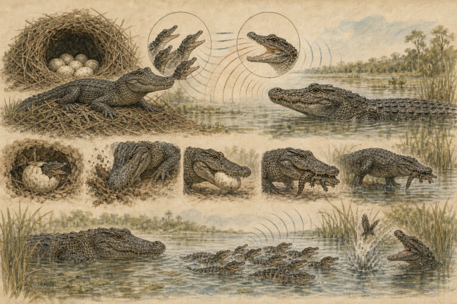 Text-free illustrated signal score for “How crocodilians guard their young”; the article points are listed below.