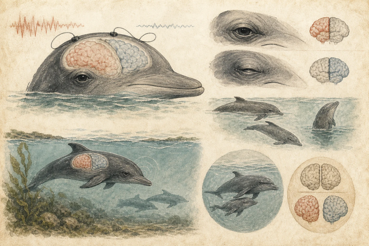 Text-free illustrated concept map for “How dolphins sleep with half their brain”; the article points are listed below.