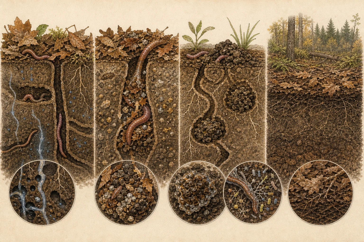 Text-free illustrated mechanism panels for “How earthworms shape soil”; the article points are listed below.