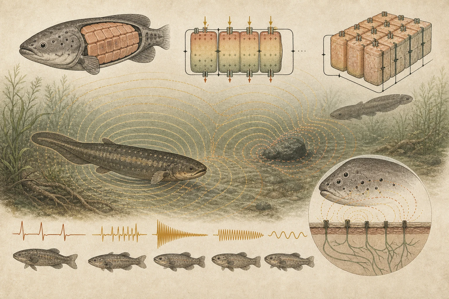 Text-free illustrated signal score for “How electric fish generate signals”; the article points are listed below.