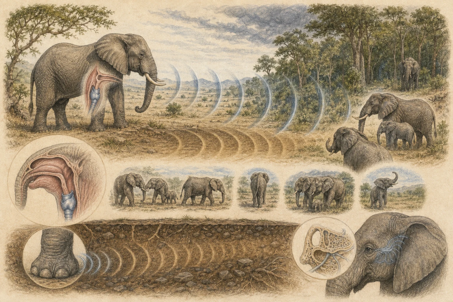 Text-free illustrated signal score for “How elephants communicate with infrasound”; the article points are listed below.