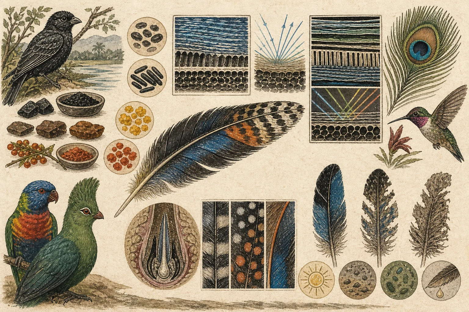 Text-free illustrated concept map for “How feathers create color”; the article points are listed below.