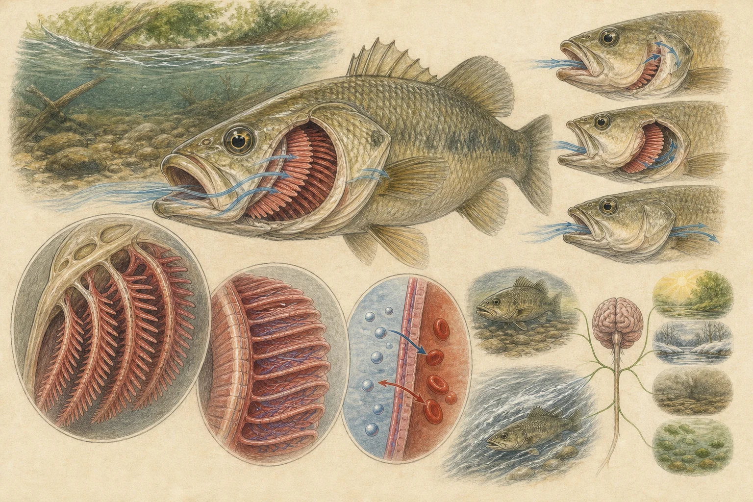 Text-free illustrated concept map for “How fish breathe with gills”; the article points are listed below.