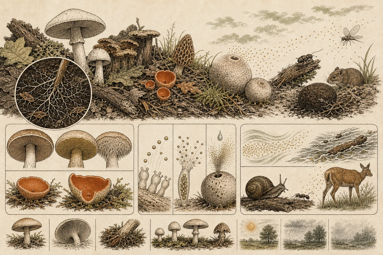 Text-free illustrated concept map for “How fungi release spores”; the article points are listed below.
