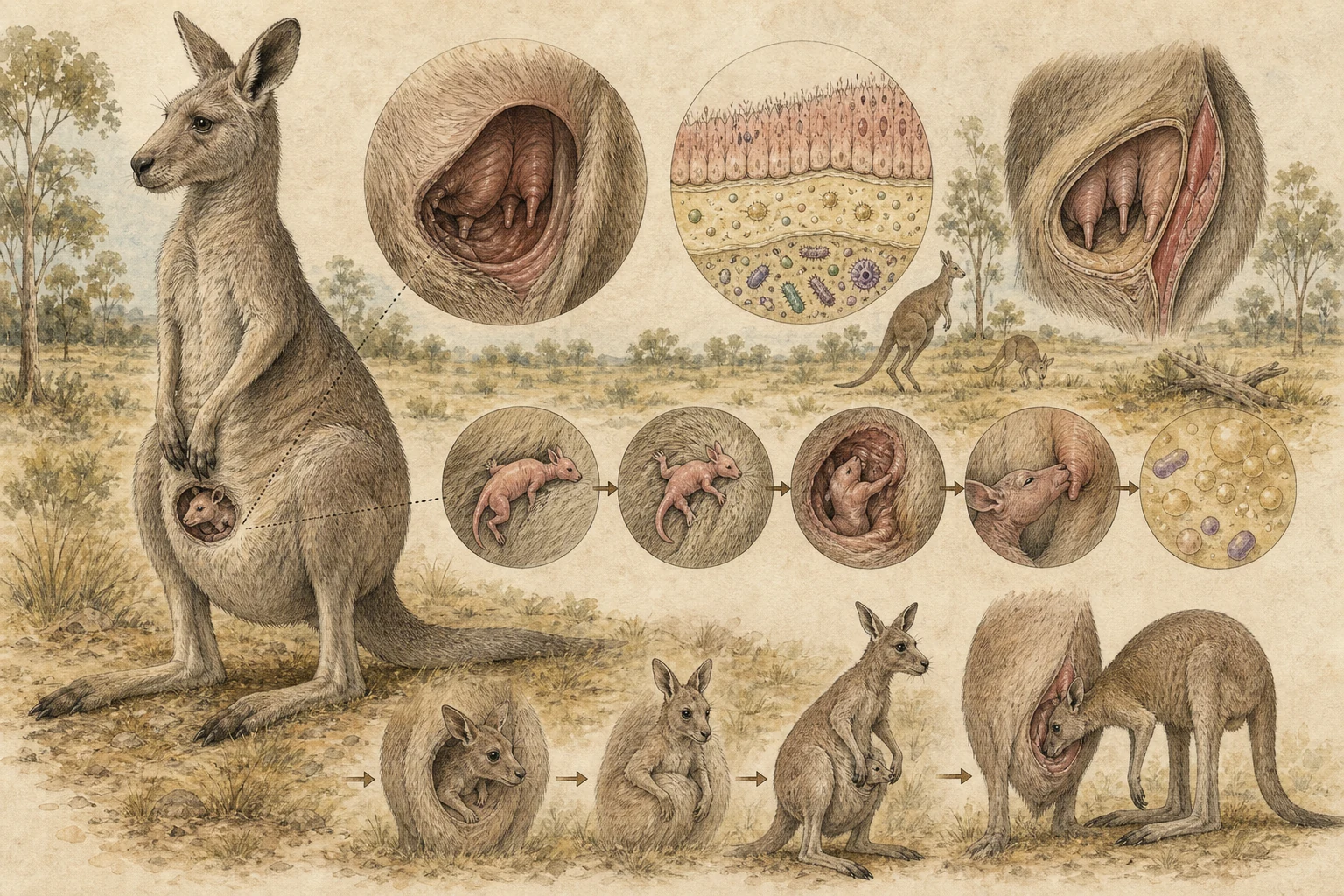 Text-free illustrated concept map for “How kangaroo pouches work”; the article points are listed below.