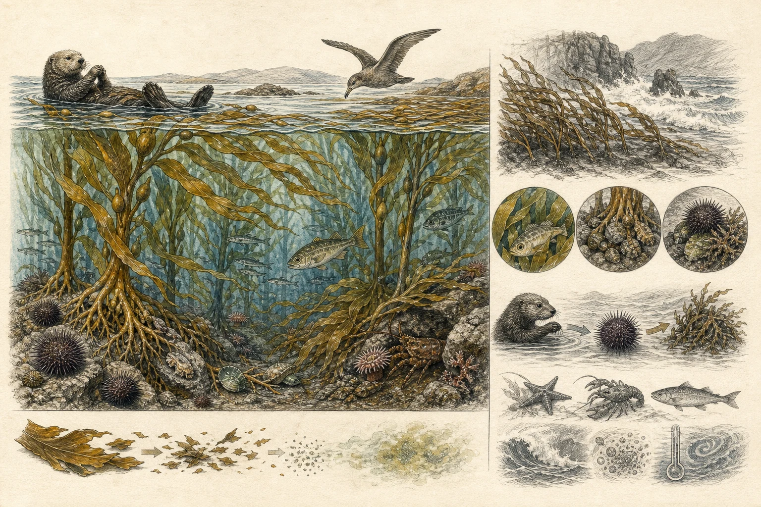 Text-free illustrated habitat transect for “How kelp forests support animals”; the article points are listed below.