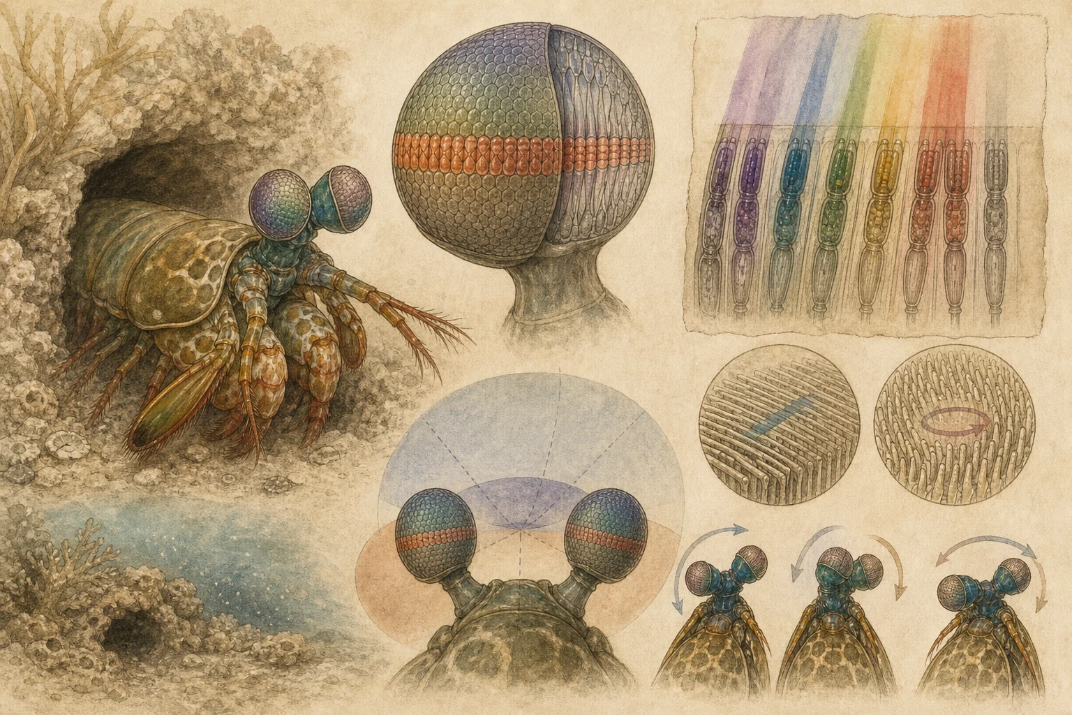 Text-free illustrated concept map for “How mantis shrimp see”; the article points are listed below.