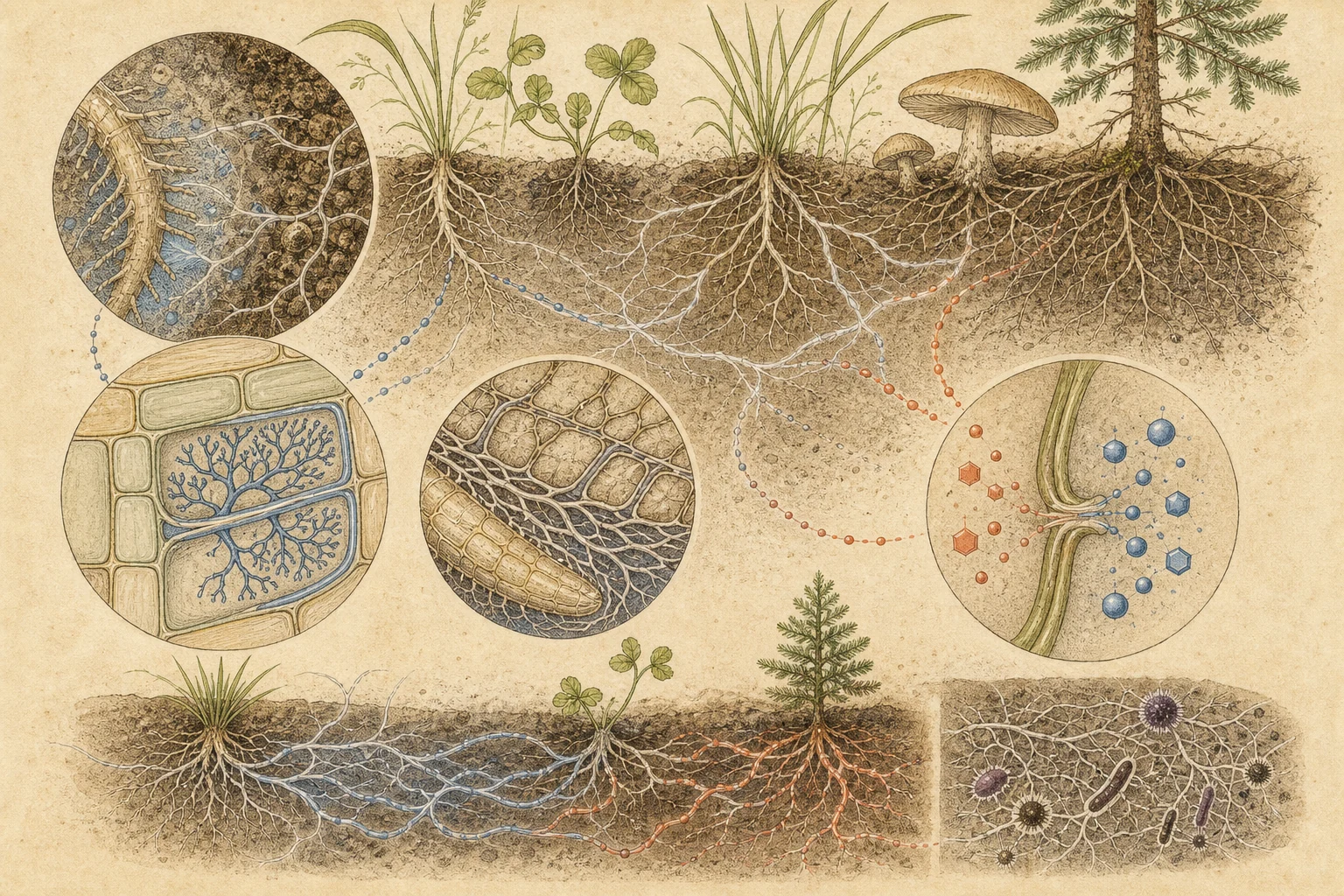 Text-free illustrated signal score for “How mycorrhizal fungi partner with roots”; the article points are listed below.