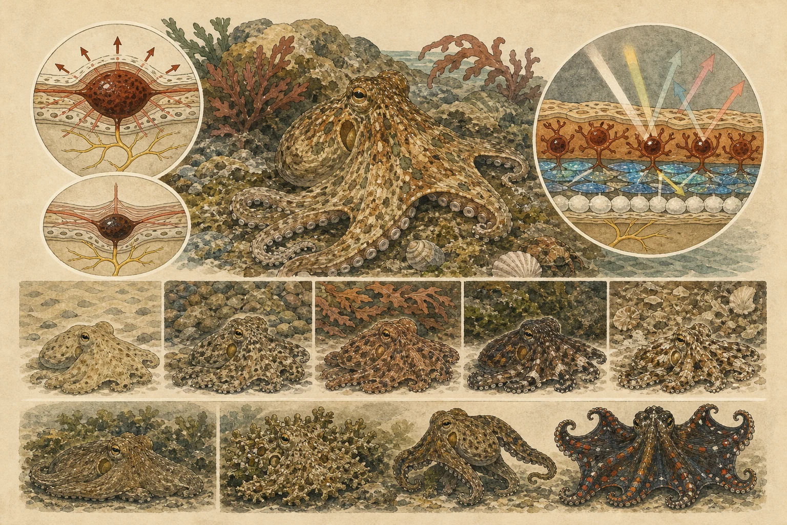 Text-free illustrated concept map for “How octopuses change color”; the article points are listed below.