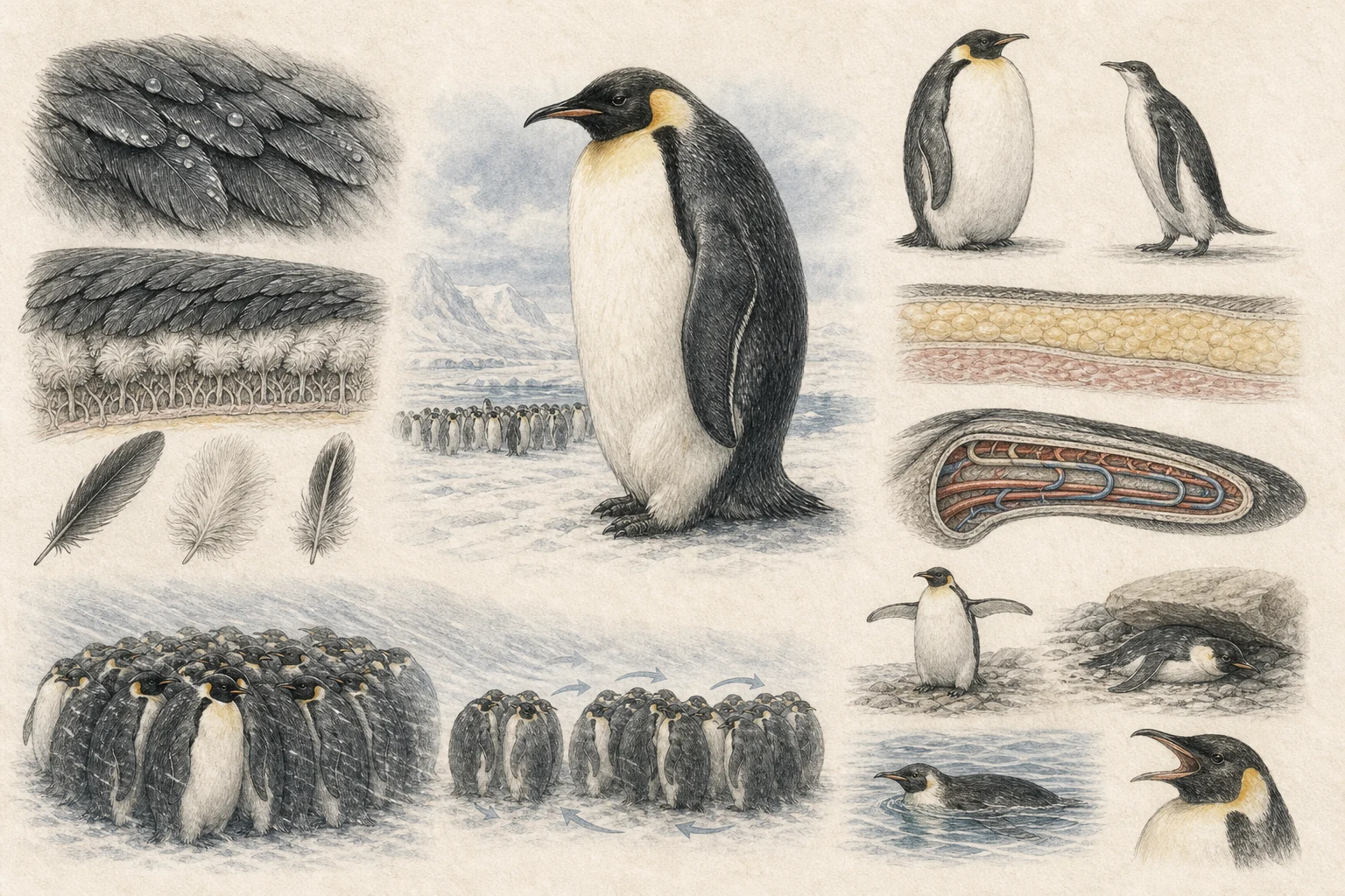 Text-free illustrated concept map for “How penguins stay warm”; the article points are listed below.