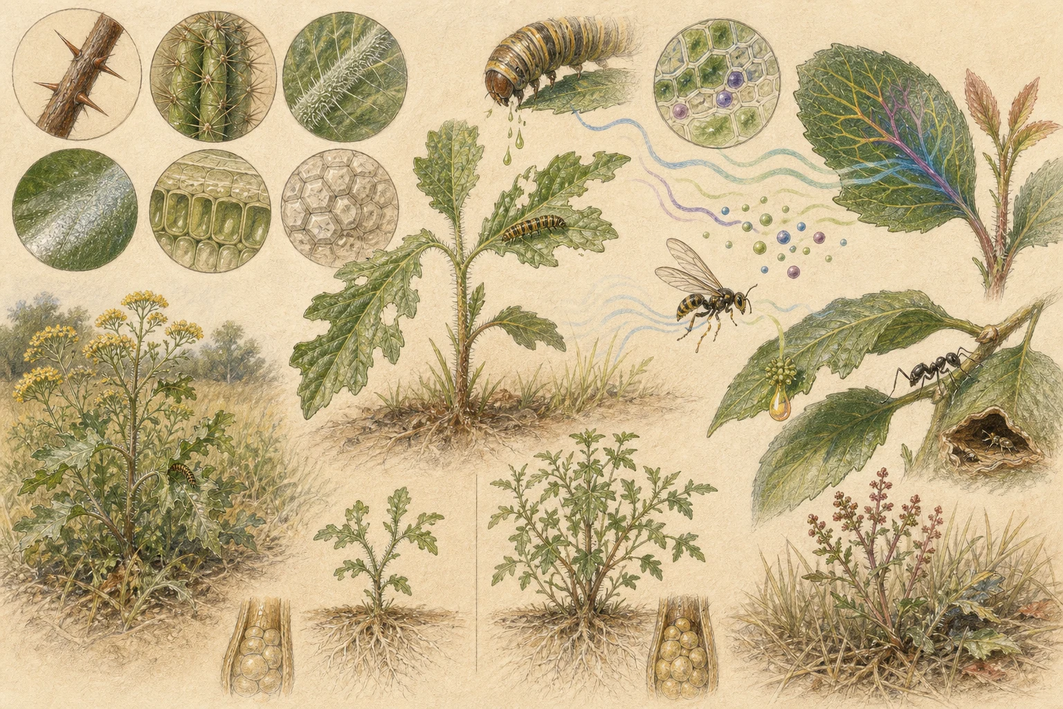 Text-free illustrated concept map for “How plants defend against herbivores”; the article points are listed below.