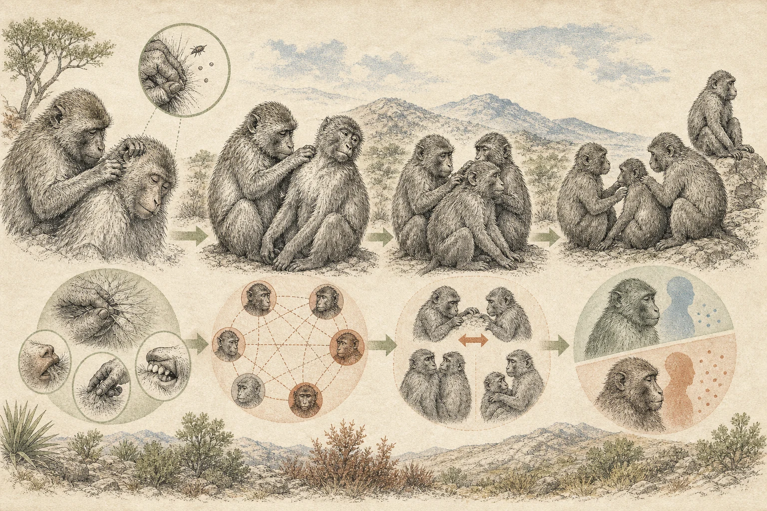 Text-free illustrated mechanism panels for “How primate grooming builds social bonds”; the article points are listed below.
