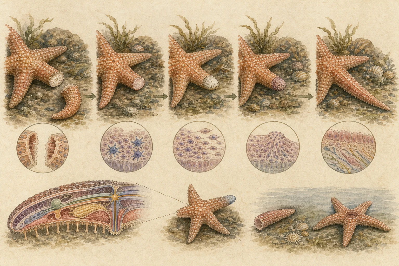Text-free illustrated mechanism panels for “How sea stars regrow arms”; the article points are listed below.