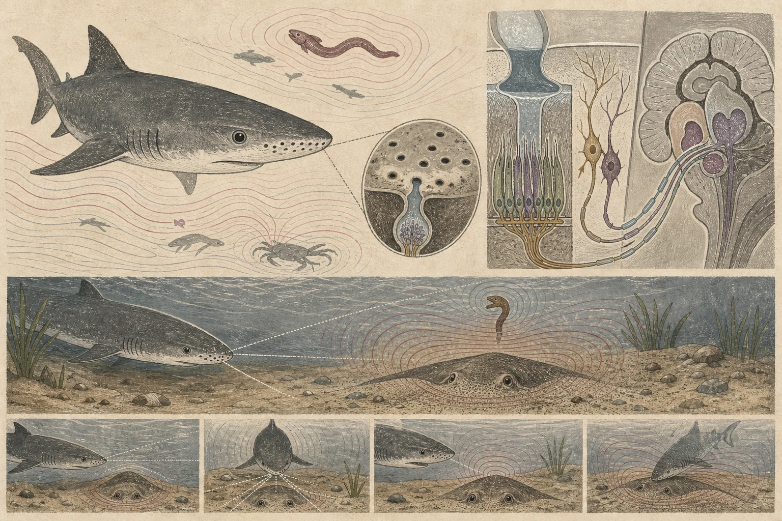 Text-free illustrated signal score for “How sharks sense electric fields”; the article points are listed below.