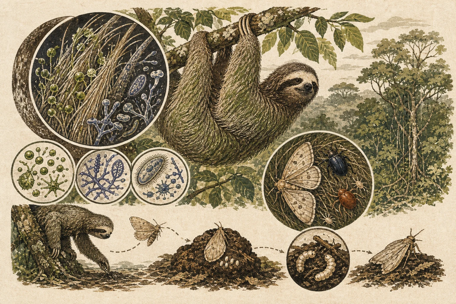 Text-free illustrated habitat transect for “How sloths host miniature ecosystems”; the article points are listed below.