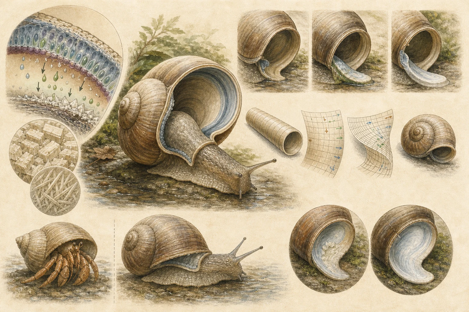 Text-free illustrated mechanism panels for “How snails build shells”; the article points are listed below.
