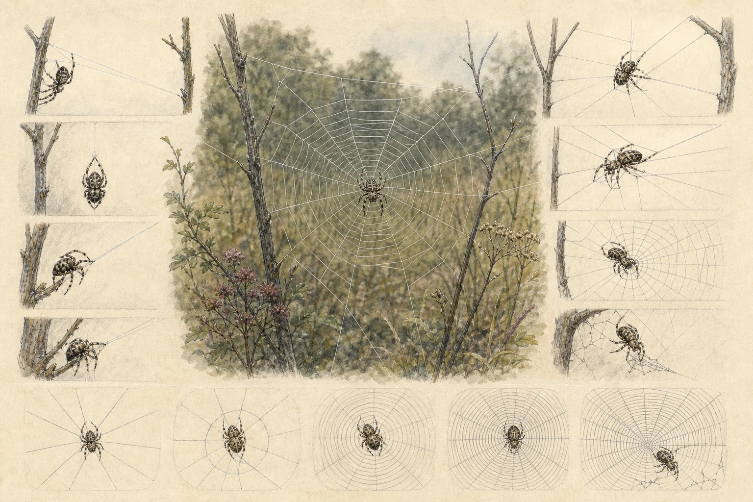 Text-free illustrated mechanism panels for “How spiders build orb webs”; the article points are listed below.